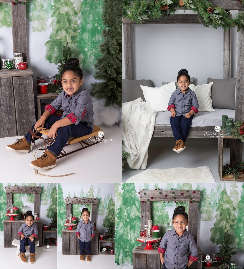 family holiday photos with christmas backdrop