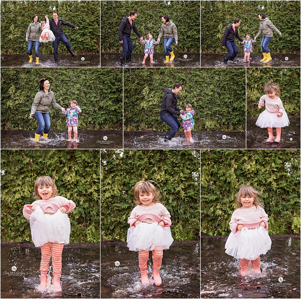 Photo collage of a family jumping in a puddle in a blog post about Ottawa Spring Puddle Photo Sessions. Maternity photography.